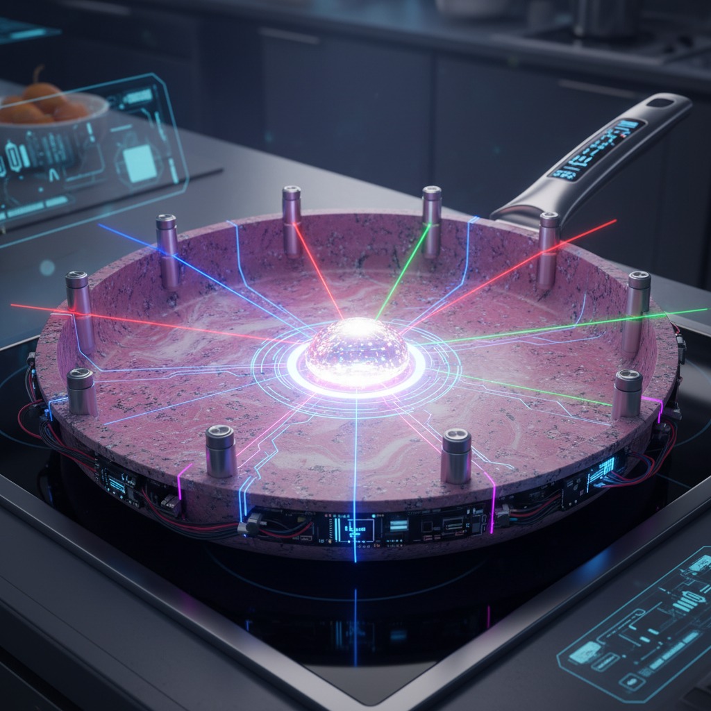 A futuristic, high-tech frying pan with a glowing energy core and digital interface sits on a modern stovetop.