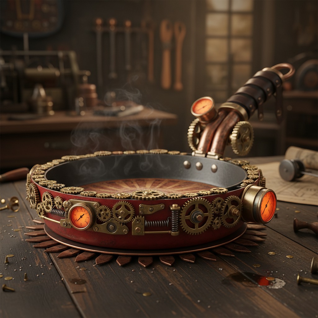 A steaming, red steampunk-style frying pan decorated with brass gears and glowing gauges sits on a wooden workbench.