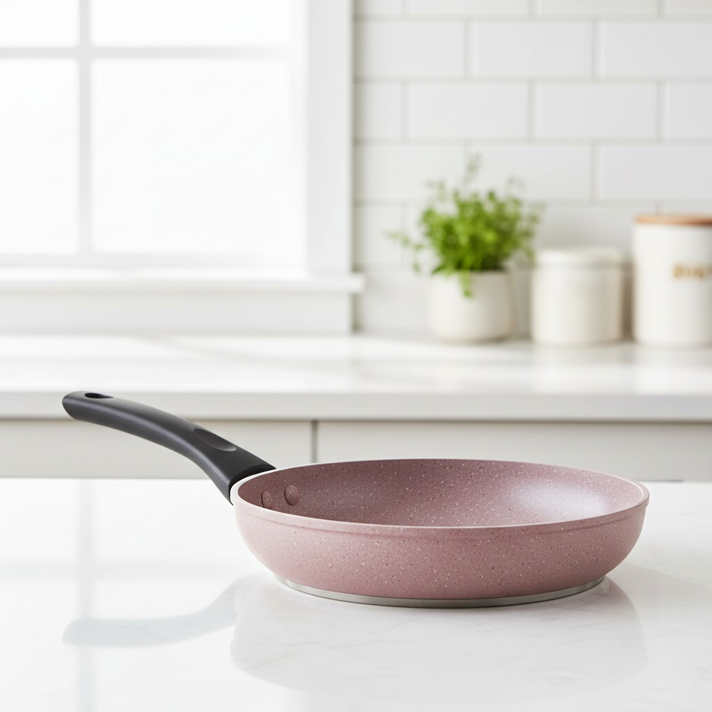 A pink speckled non-stick frying pan with a black handle sits on a white kitchen countertop.